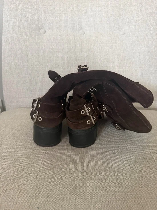 Steve Madden Brocks Chocolate Brown Suede Buckle Slouch Mid-Calf Moto Boots - Picture 7 of 12